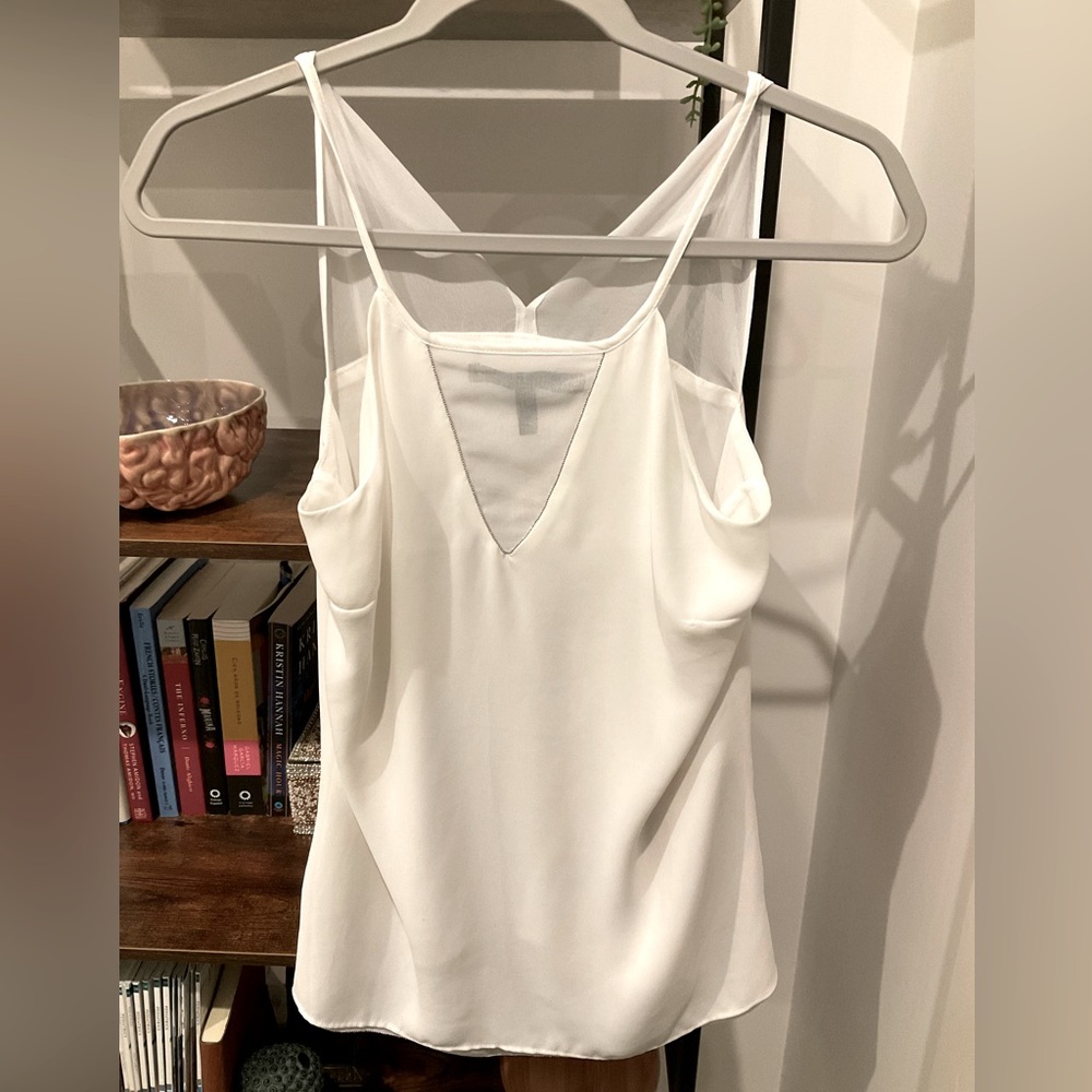 White House Black Market white and silver mildly sheer blouse